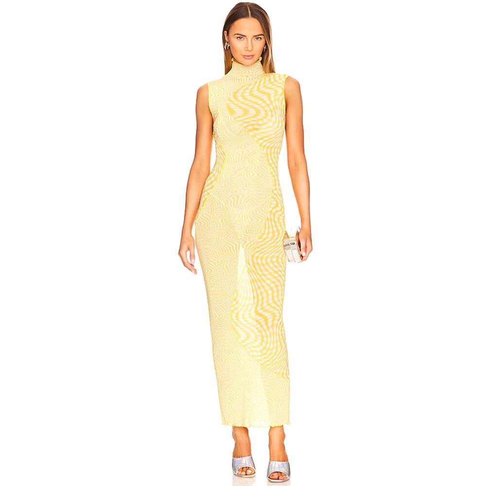 Camila Coelho NWT Lagoon Yellow Swirl Mesh Maxi Dress S Mock Neck Bodycon